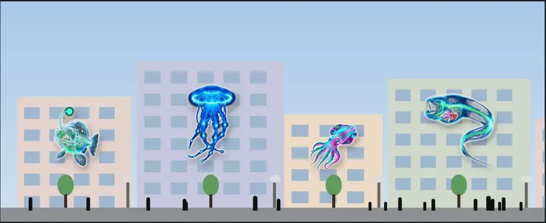 A street by day with giant creatures of the deep on the buildings