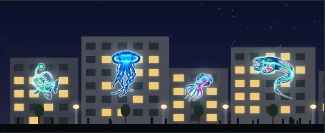 The same street at night, the creatures glowing on the buildings