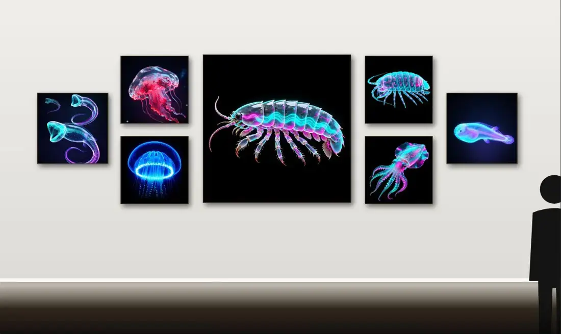 A gallery wall hung with glowing works of creatures of the deep, and a visitor