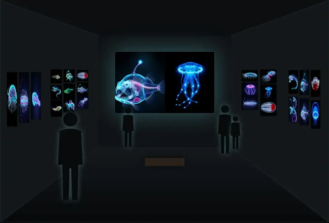 A dimmed room with a great lightbox on the far wall and salon walls of prints on the side walls