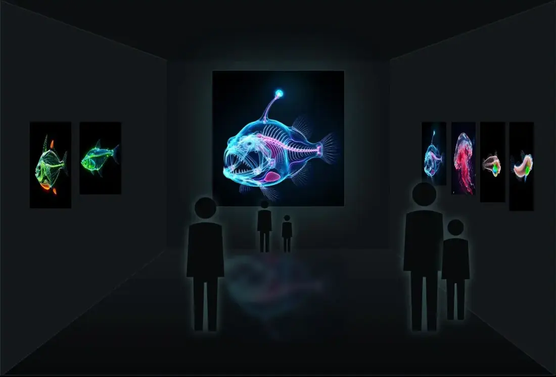 The dark third room with a five-metre anglerfish print on the far wall and visitors in front of it
