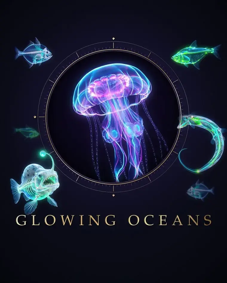 The cover of Glowing Oceans: An Atlas of Glowing Living Forms, a glowing jellyfish in a porthole with fish around it