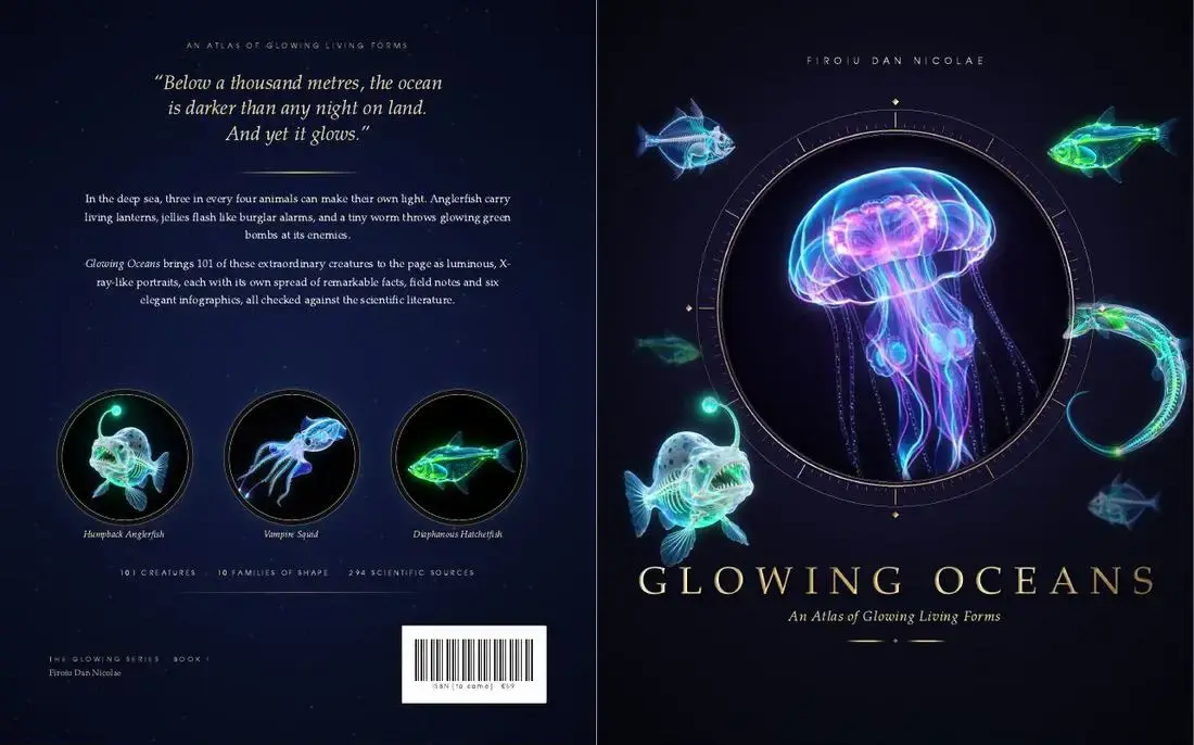 The cover: two pages of Glowing Oceans