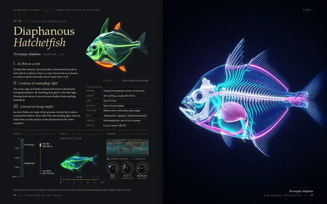 Diaphanous Hatchetfish: two pages of Glowing Oceans